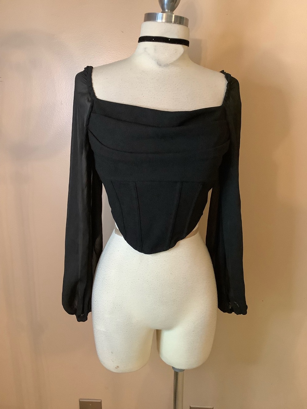 Shein Mod Black Sexy Corset Style Top Sheer Lantern Sleeves Crop Shirt XS-SM
